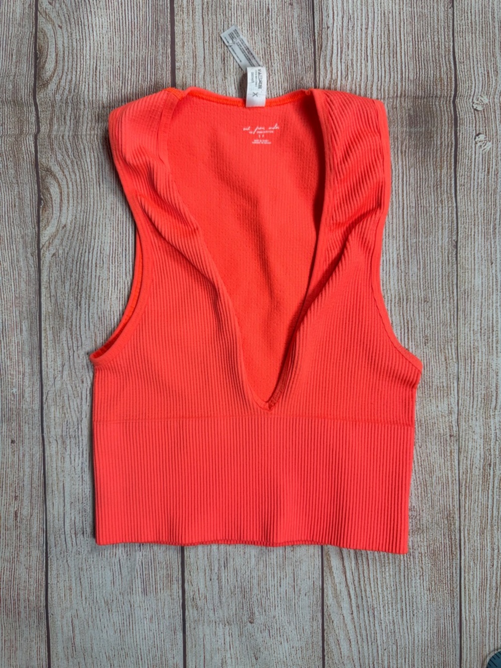 Urban Outfitters Ribbed Deep V Crop Top - Neon Rave Festival Coral Orange